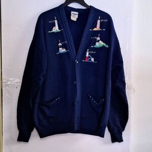 A Jerzees Vintage Handmade Lighthouse Cardigan Applique Beachy Cottagecore 1X